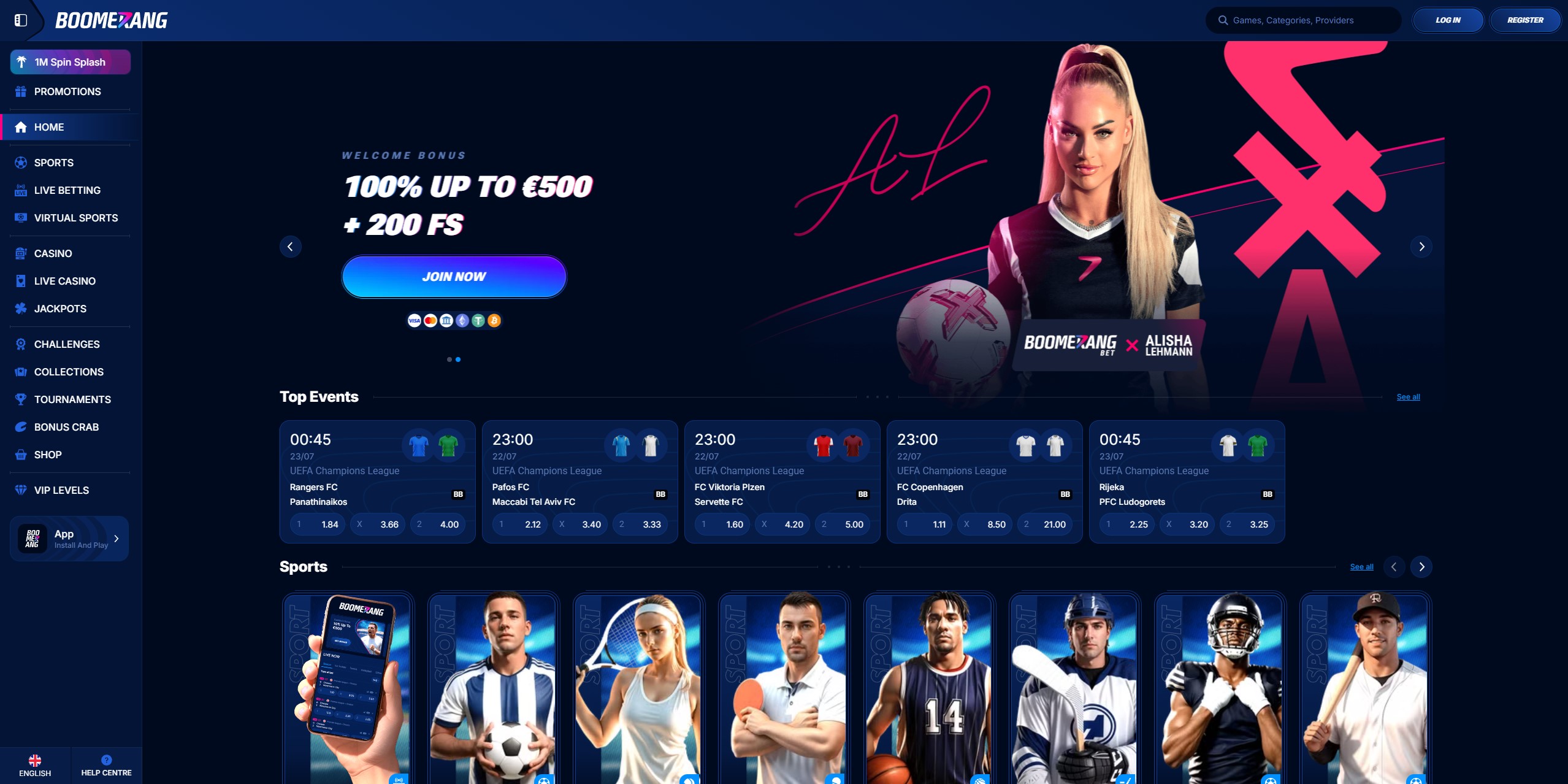 Početno sučelje Boomerang Casino platforme na hrvatskom