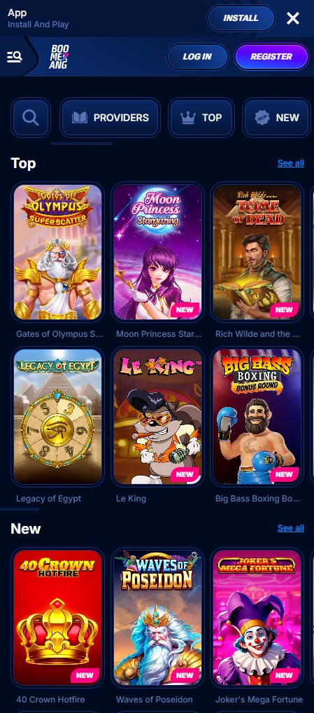 Mobilni prikaz Boomerang Casino igara